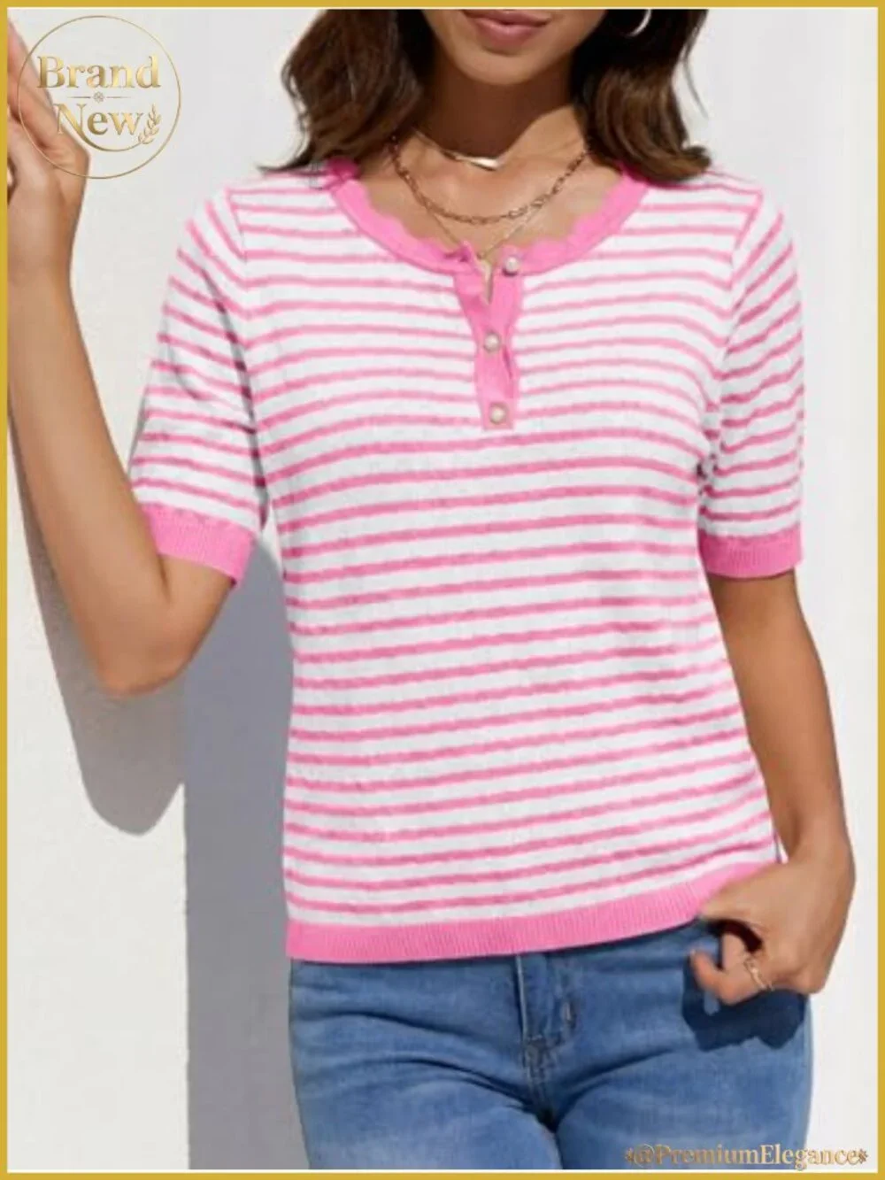 Women's Short Sleeve Striped Knit Sweater Lightweight Pullover Henley Ruffle